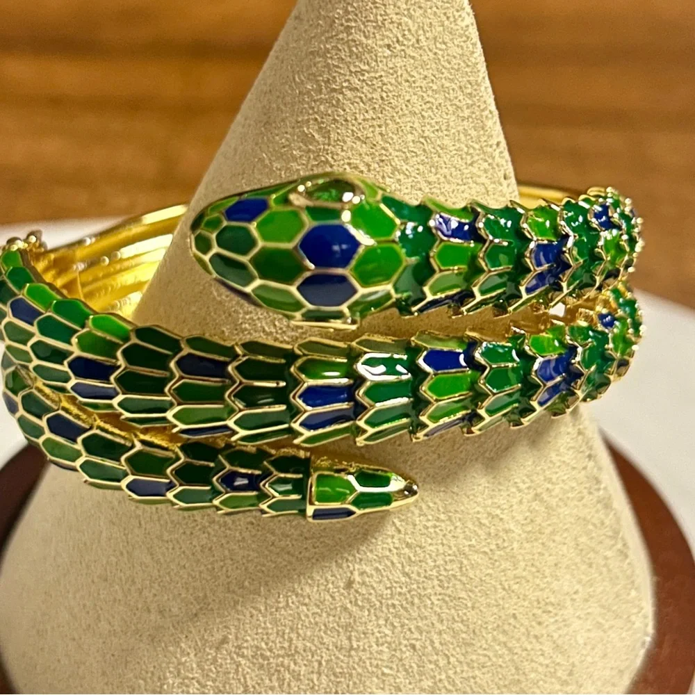 Rachel Glauber 14K Gold Plated W/ Green/Blue Cubic Zirconia 3D Serpent Bracelet - Picture 2 of 16
